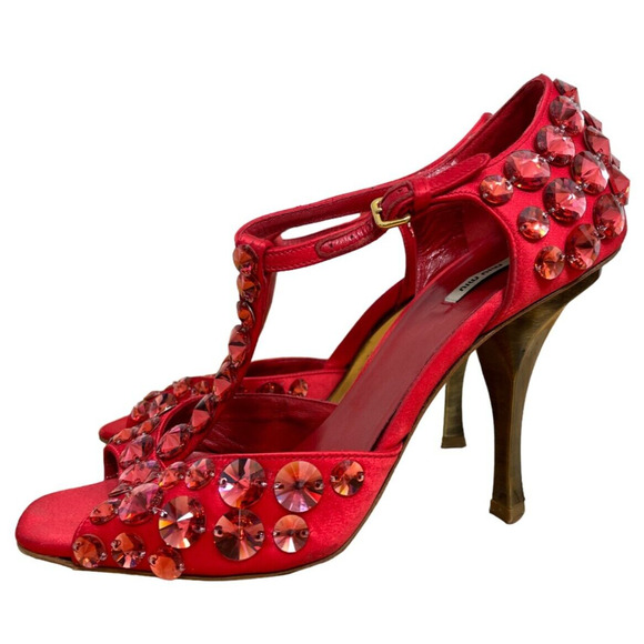 Miu Miu Prada Heels D'Orsay T Strap Jeweled Stiletto Peep Toe Silk Red 36.5 6.5 - Picture 3 of 11